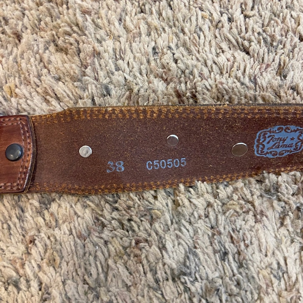 Tony Lama Brown Tooled Leather Rhinestone Western Belt Size 38 C50505. READ - Picture 4 of 8